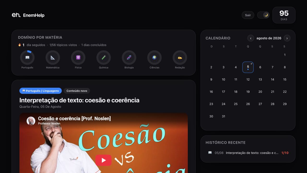 Dashboard real do EnemHelp com plano diário, progresso e calendário