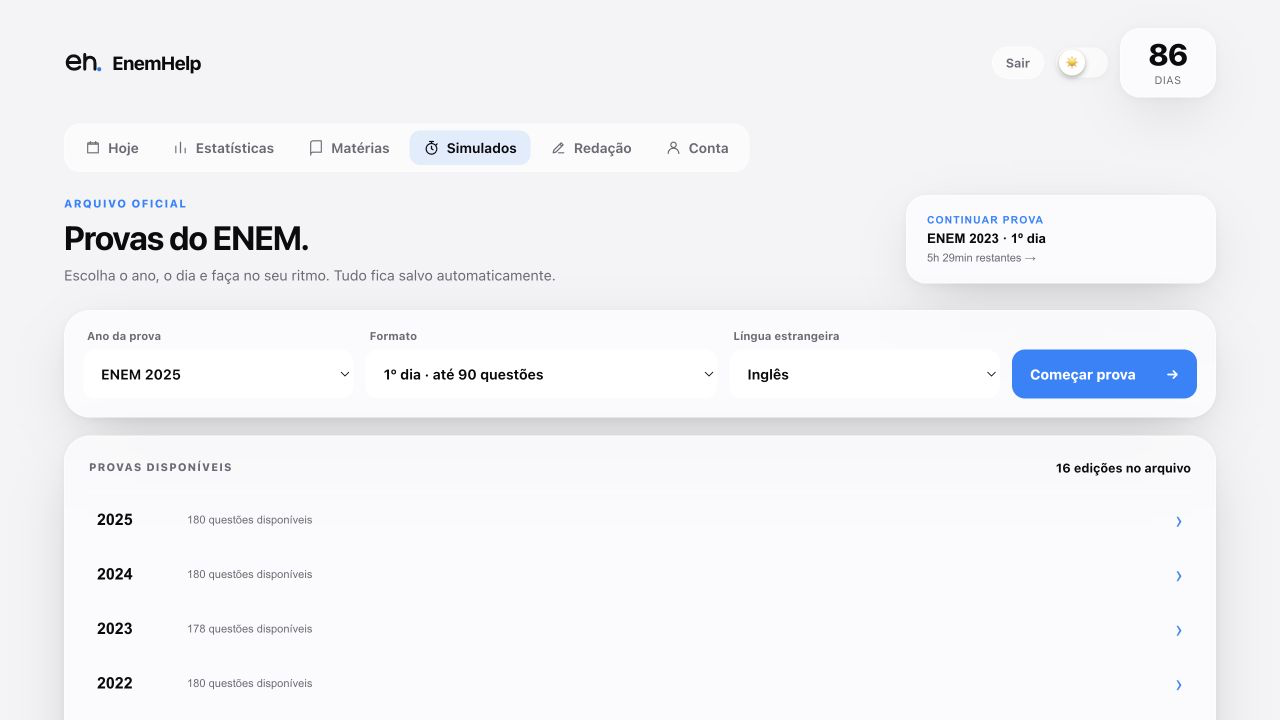 Tela real da central de simulados do EnemHelp